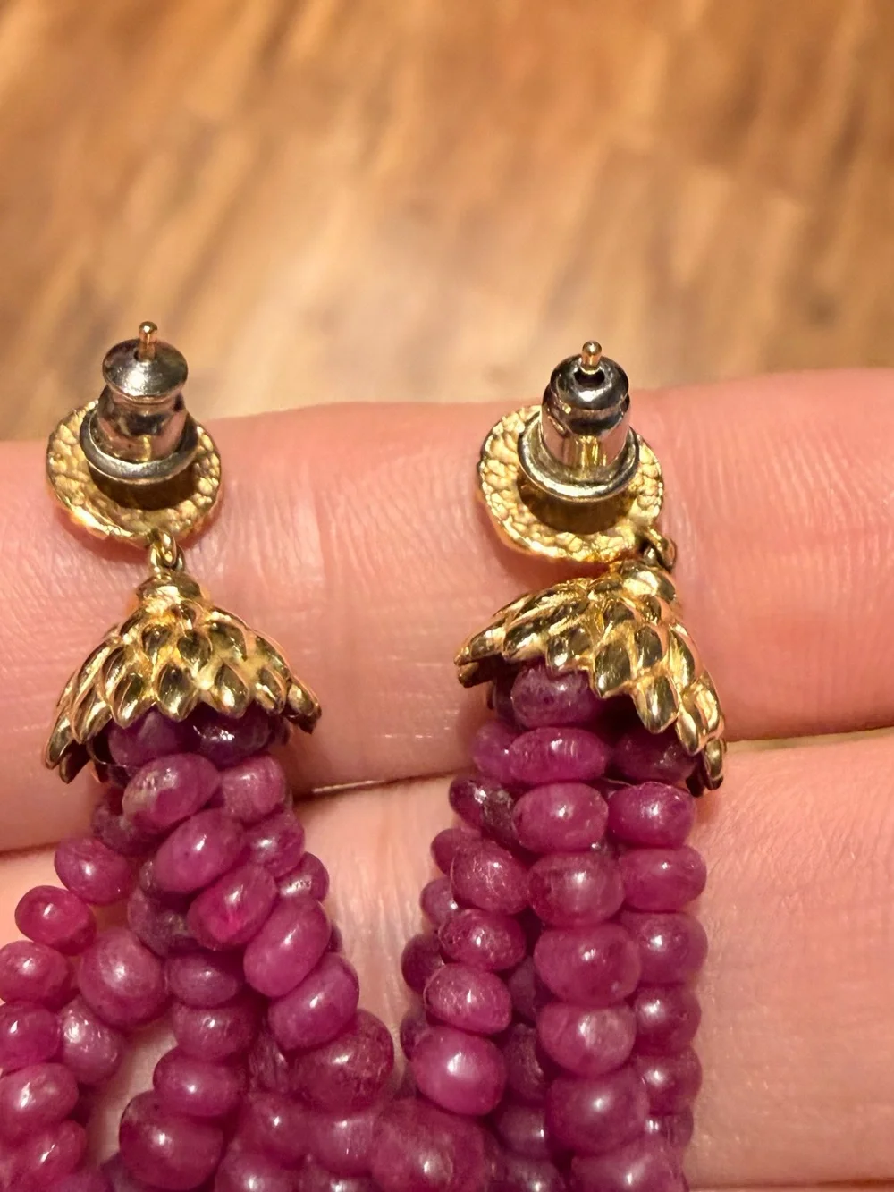 Ruby 22k Gold Earrings from India. Stunning Tassel Earrings - Women Jewelry - Picture 7 of 14